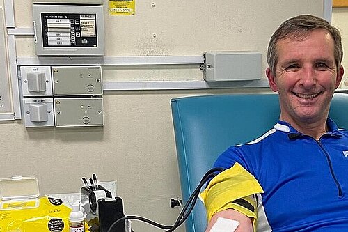 Liam gives blood